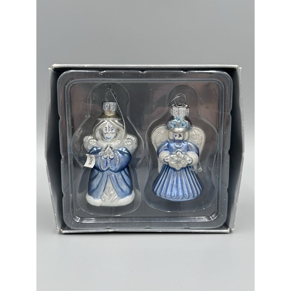 Set Of 2 Angels Blown‎ Glass Blue White Christmas Ornaments